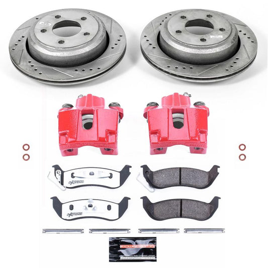 PowerStop rear Z26 Street Warrior brake kit with calipers installed on a Ford Ranger 2010-2011, showing brake rotors and calipers.
