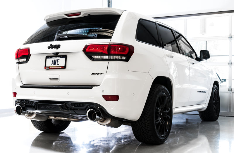 AWE Tuning 2020 Jeep Grand Cherokee SRT Touring Edition catback exhaust with diamond black tips, showcasing the sleek chrome finish.