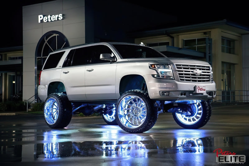 Oracle Lighting LED light strip with illuminated wheel rings showing vibrant ColorSHIFT effects on a vehicle wheel.