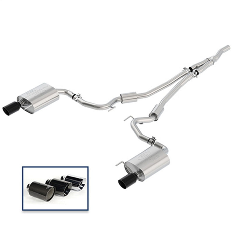 Ford Racing 2018 Mustang 2.3L Ecoboost cat-back sport exhaust system with black chrome tips, showcasing polished exhaust pipes and tips.