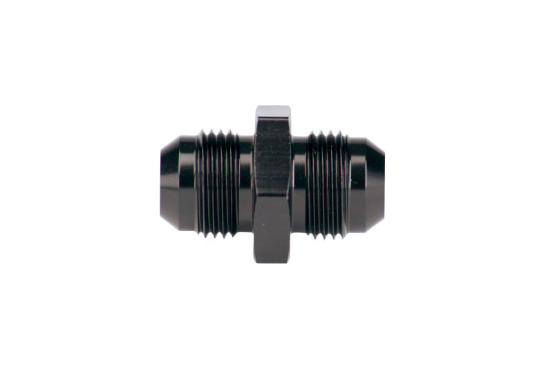 Aeromotive AN-08 to AN-08 male flare union fitting showing metallic fitting with threaded ends for fuel or oil lines