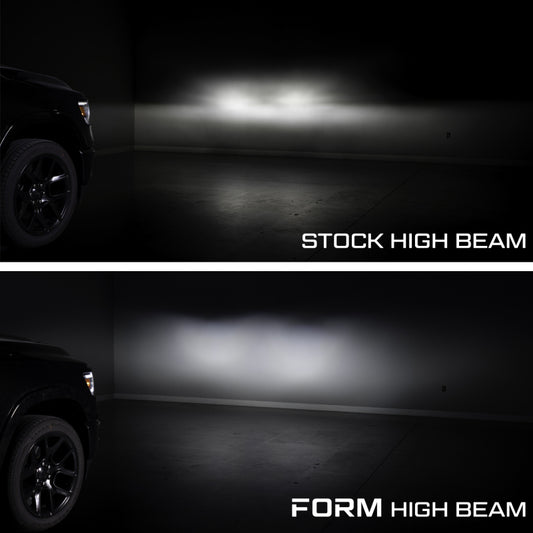 Pair of FORM Lighting Ram 1500 sequential LED projector headlights showing sleek design and LED daytime running lights.