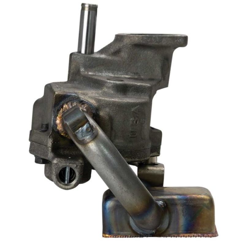 Moroso Chevrolet Big Block high pressure oil pump and pick-up showing metal construction and mounting features.