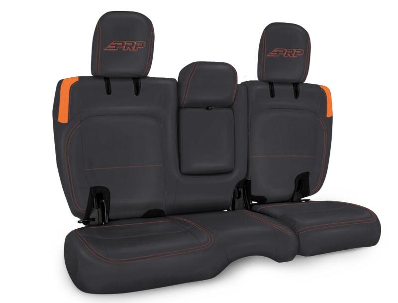 PRP Seats black and orange rear bench seat covers for Jeep Wrangler JL 4-door with armrest, designed for enhanced protection and style.