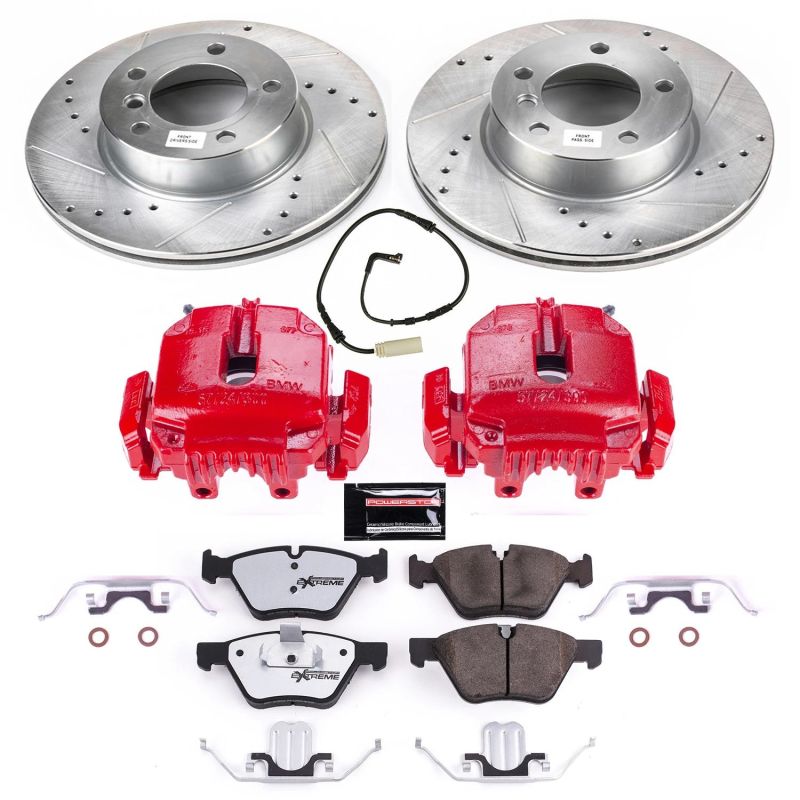 PowerStop Z26 Street Warrior brake kit with front calipers for 2006 BMW 325i, performance brake system with rotors and calipers.