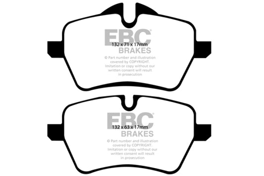 EBC Mini Hardtop 1.6 Turbo Cooper S performance green brake pads, front brake pads with Greenstuff material, close-up view