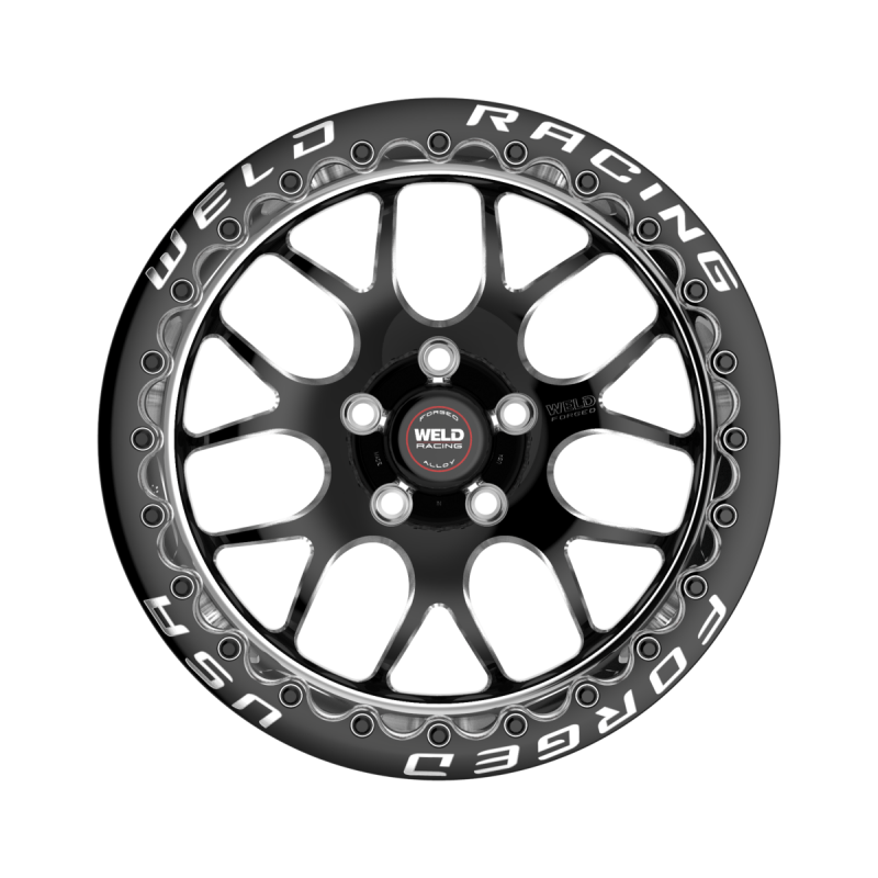 Weld S77 Beadlock forged wheel, 15x10 inches, black center with polished shell, 5x120.65 bolt pattern, black finish.
