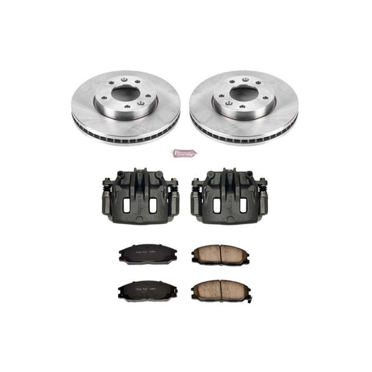 PowerStop OE front brake kit for 2004-2005 Kia Sedona with calipers and brake rotors, automotive brake replacement parts.