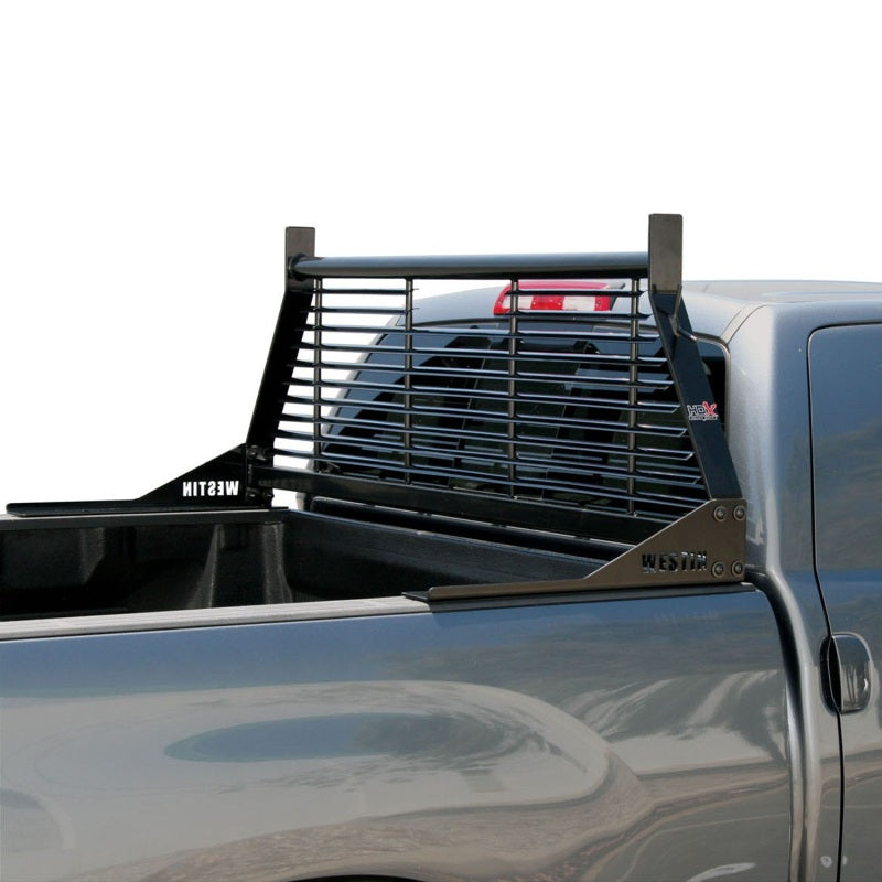 Westin black headache rack installed on a Chevrolet, Ford, GMC, or Toyota Silverado/Sierra 1500-3500 HD pickup truck.
