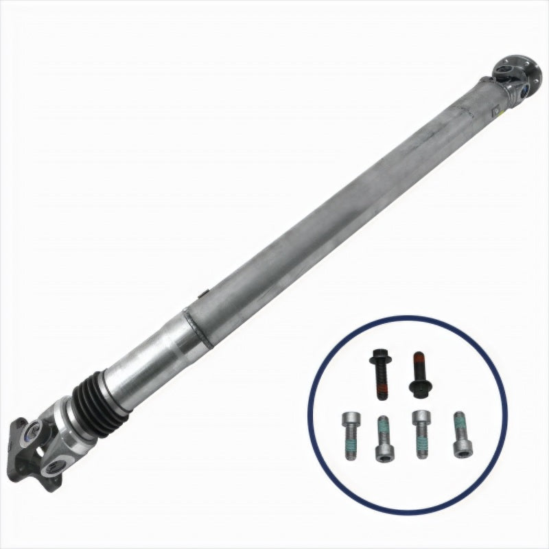 Ford Racing 07-12 Mustang GT500 aluminum driveshaft assembly, one-piece driveshaft with polished metal finish and durable construction.