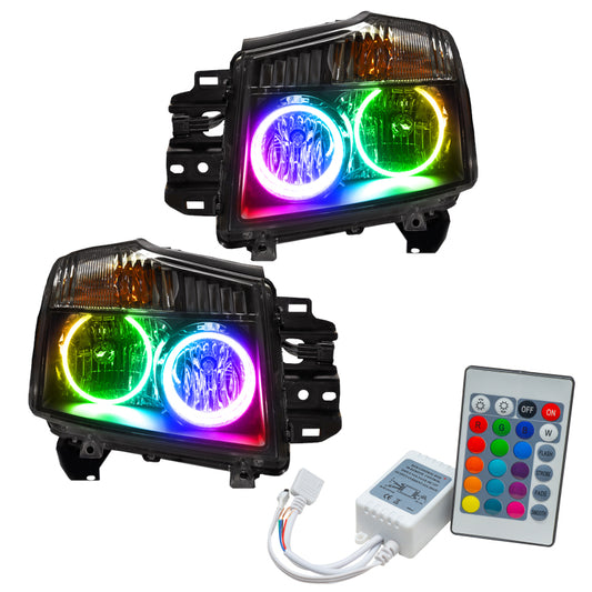 Oracle Lighting Nissan Titan 2008-2015 ColorSHIFT SMD headlights with simple controller, showcasing sleek LED headlight design.