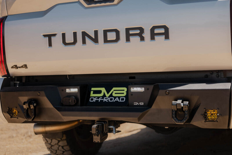 Steel rear bumper for Toyota Tundra by DV8 Offroad, part of the DV8 22-26 Spec Series, with rugged design and mounting details.