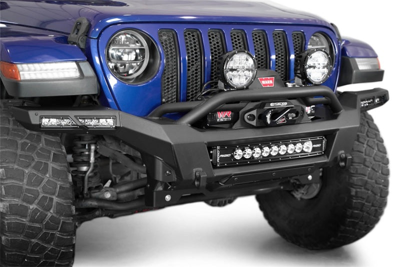 Addictive Desert Designs steel rear bumper for Jeep Wrangler JL and Gladiator JT with built-in winch mount and rugged finish.
