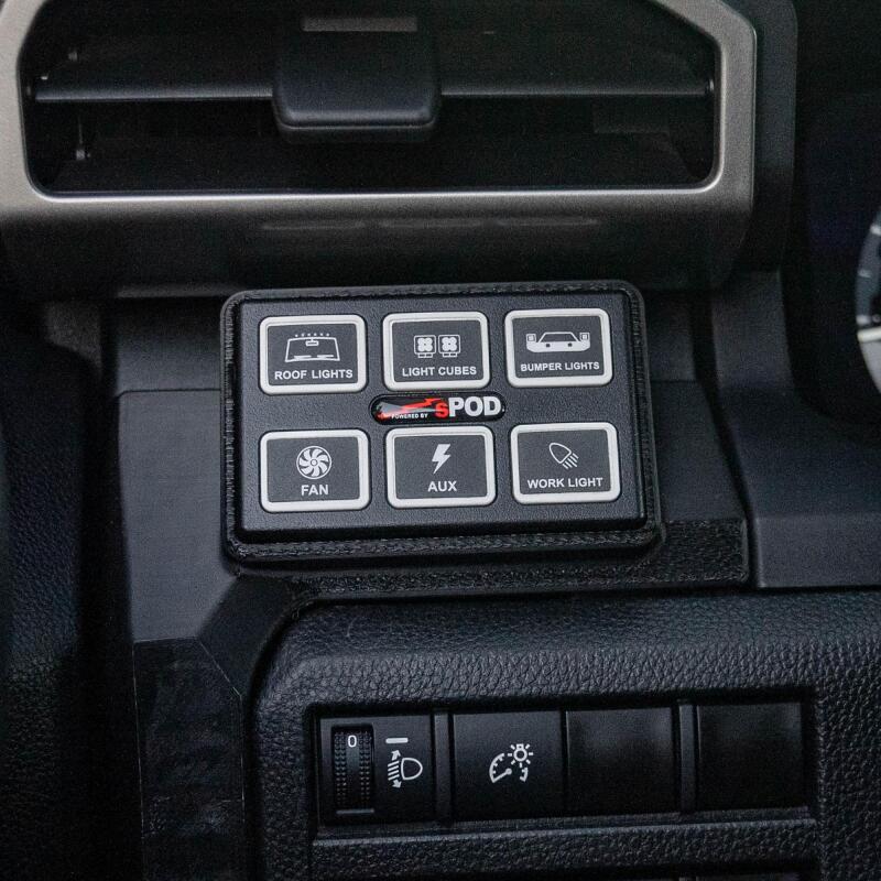 SPOD 2024+ Toyota Tacoma Mini6 SourceLT power management switch panel with multiple control switches, mounted on a vehicle dashboard.