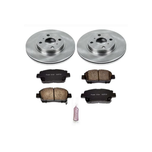 PowerStop OE front brake kit for 2004-2006 Scion xA showing brake rotors and pads installed on the vehicle.