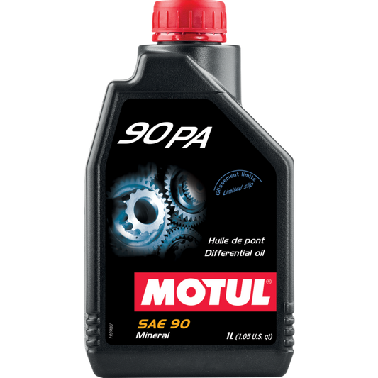 Motul 90 PA 1L gear oil for limited slip differentials, high-performance EP differential lubricant, in a 1-liter container.