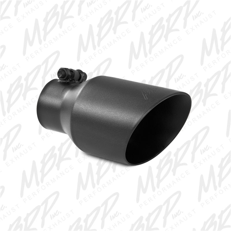 MBRP black universal 4-inch OD dual wall angled exhaust tip with 2.5-inch inlet and 8-inch length, showcasing sleek metal finish.