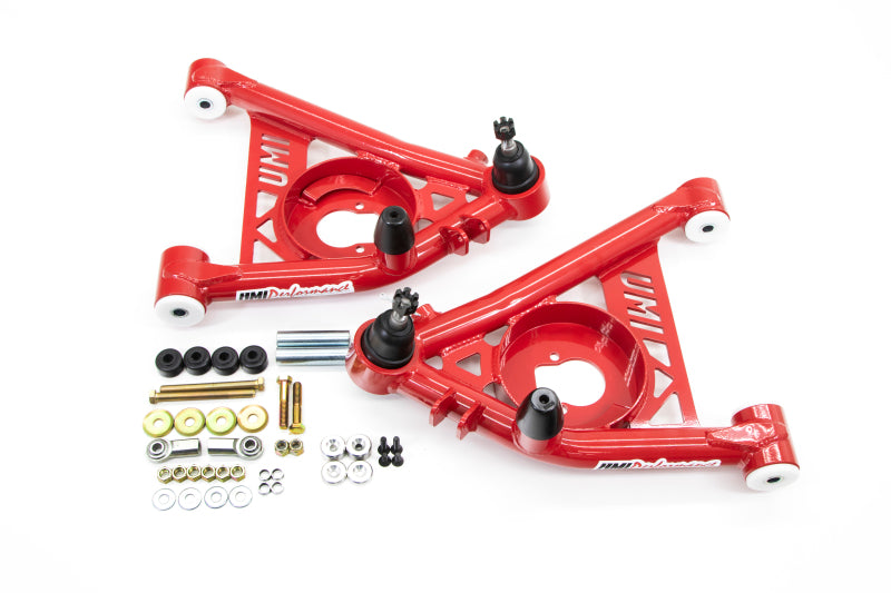UMI Performance tubular lower control arms for G-Body and S10 trucks, featuring Delrin bushings and a durable steel construction.