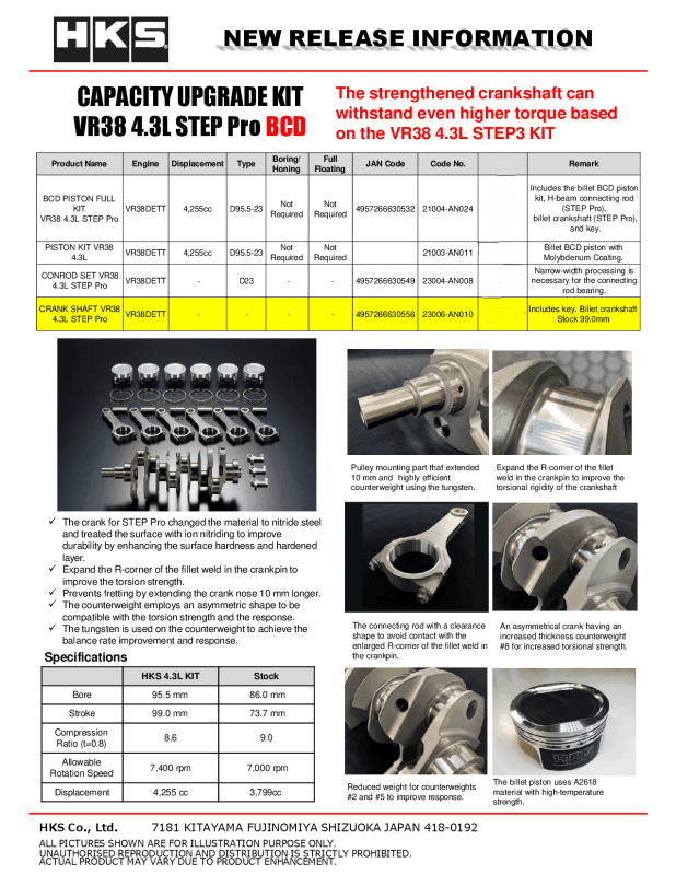 HKS VR38 4.3L STEP Pro crankshaft for Nissan GT-R engine, showing a high-performance automotive crankshaft with precise machining.