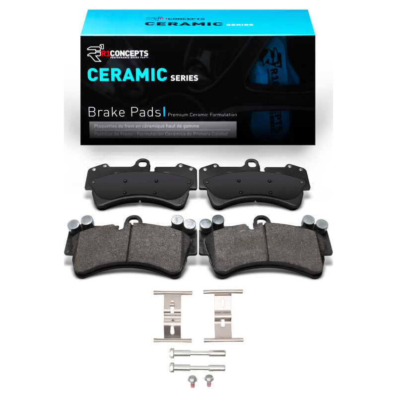 Audi Q7 2003-2015 R1 Concepts ceramic brake pads and hardware kit for front brakes, OE replacement part with hardware included.