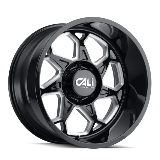 Cali Off-Road Gloss Black Milled 20x12 cast wheel with sevenfold design, -51mm offset, 106mm hub for off-road vehicles.