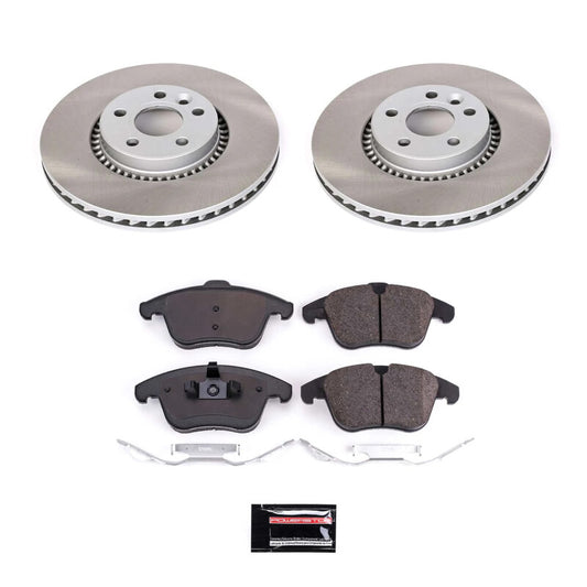 PowerStop front semi-coated brake rotor kit installed on a Land Rover LR2, showing the performance blank brake rotors.
