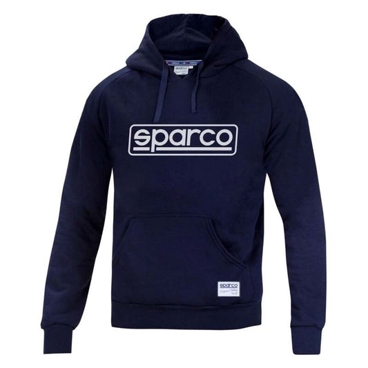 Navy Sparco Hoodie Frame MED sweatshirt, soft fabric with logo details, displayed flat with a hood and ribbed cuffs.