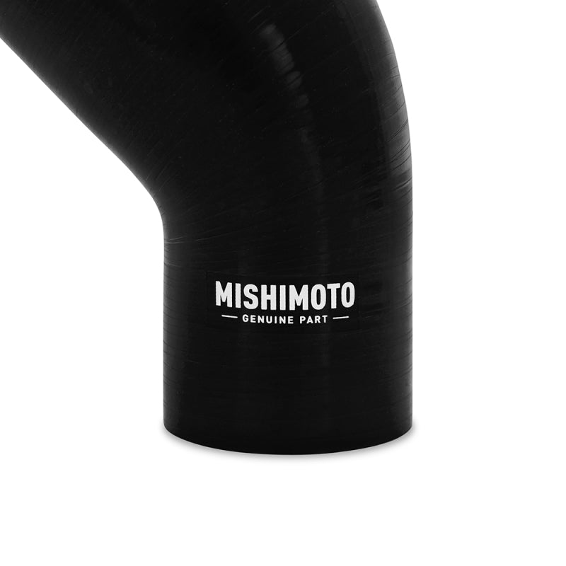 Black Mishimoto silicone reducer coupler 45-degree, 2.5 inch to 3.5 inch diameter, used in automotive hose connections.