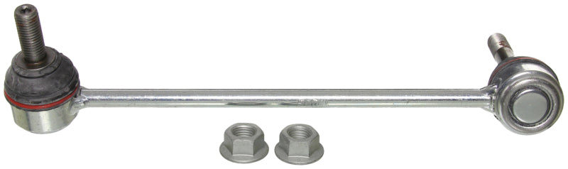 Moog front left sway bar endlink for BMW X5 (2007-2018) showing the metal link with rubber bushings and mounting hardware.