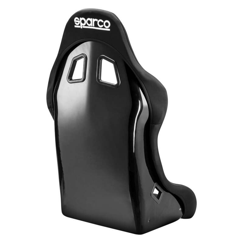 Black Sparco Seat Evo XL QRT X race seat with sturdy construction and racing harness slots for high-performance driving.