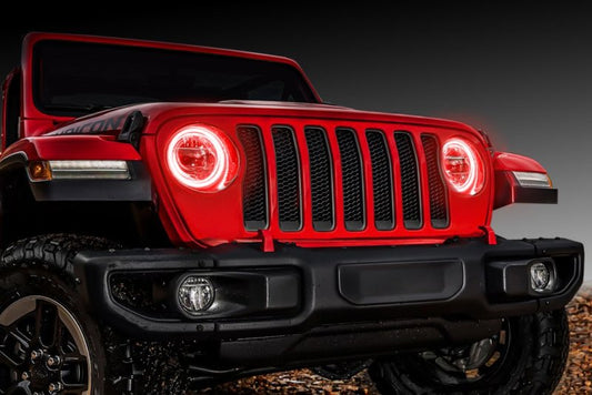 ORACLE Lighting Jeep Wrangler JL/Gladiator JT LED surface mount headlight halo kit with fog light halo rings installed on vehicle.