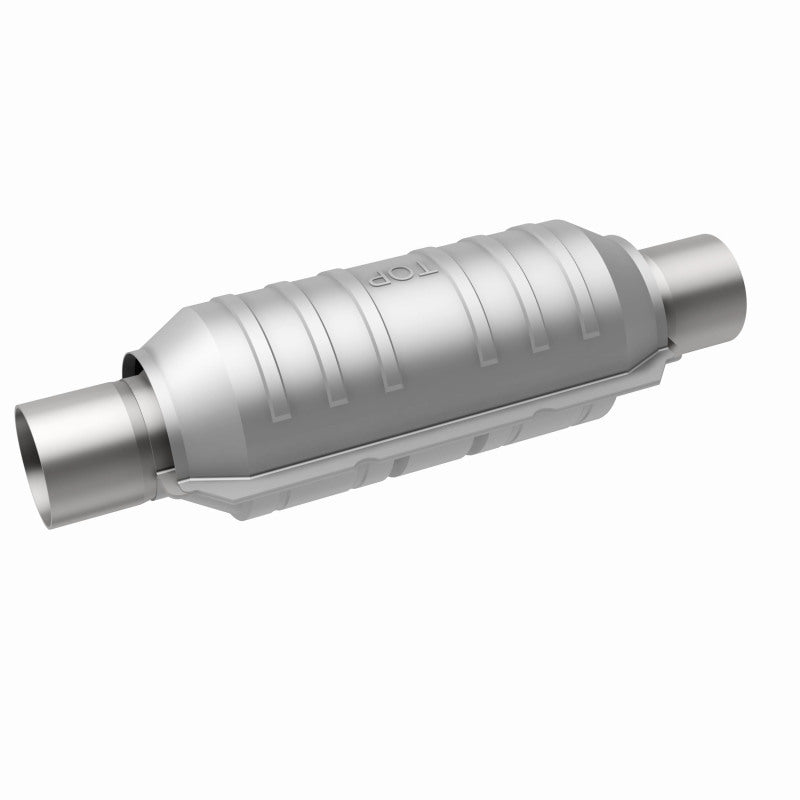 MagnaFlow universal catalytic converter with 2-inch inlet and outlet, 11-inch stainless steel body, for vehicle exhaust systems.
