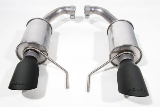 Roush 2024 Ford Mustang GT/EcoBoost dual tip axle back exhaust with black tips, shown from the rear view.