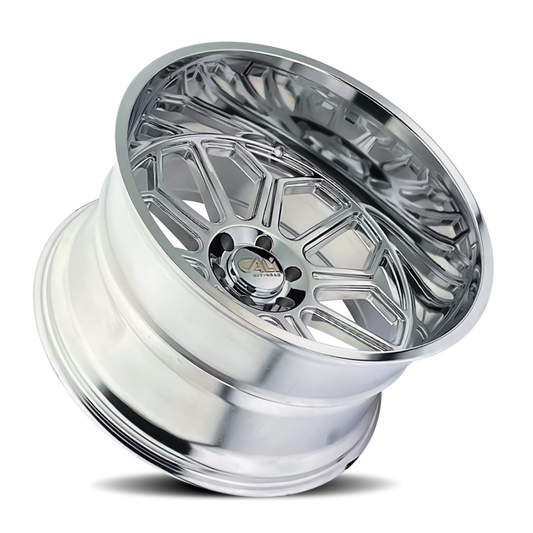 Cali Off-Road Auburn 20x10 cast wheel with polished finish, 6x139.7 bolt pattern, -25mm offset, and 106mm hub for off-road vehicles.