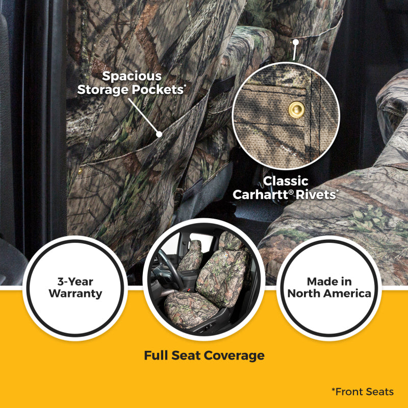 Covercraft Carhartt Camo SeatSaver seat covers for Dodge Nitro front seats, custom-fit, durable fabric with camouflage pattern.
