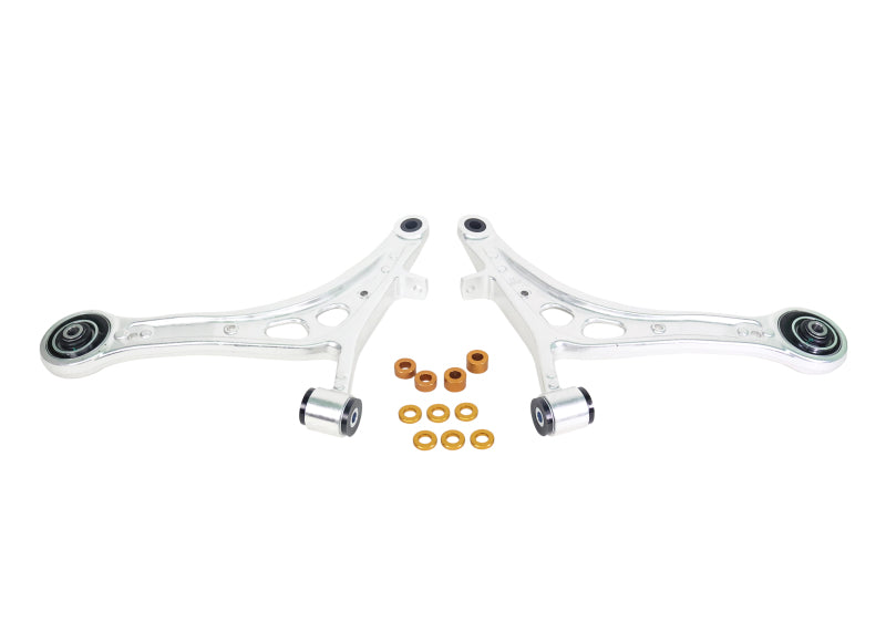 Whiteline front lower control arms with caster correction for 2017-2021 Subaru WRX and STI, showing metal components and mounting points.