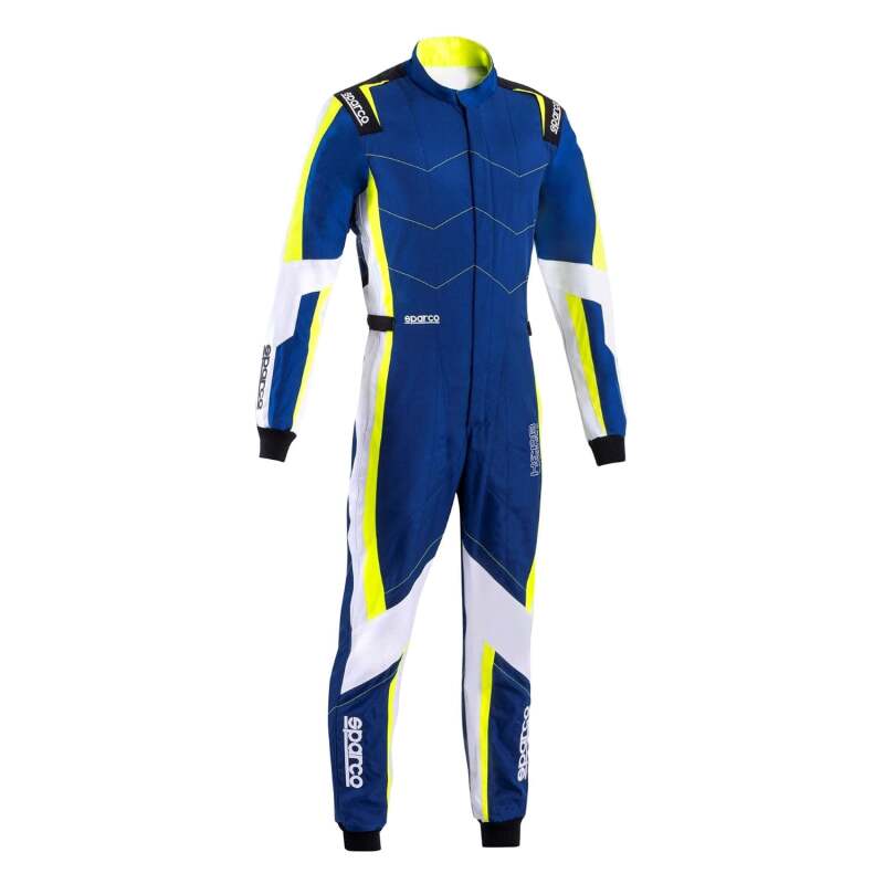 Sparco Kerb ADV racing suit in blue and yellow, lightweight racing suit with safety features and racing suit branding.