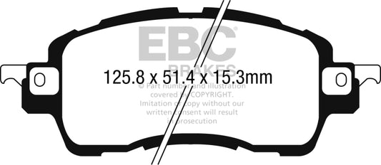 EBC 2016 Scion iA 1.5L Ultimax2 front brake pads, OE type, showing the new brake pad assembly for vehicle braking system.