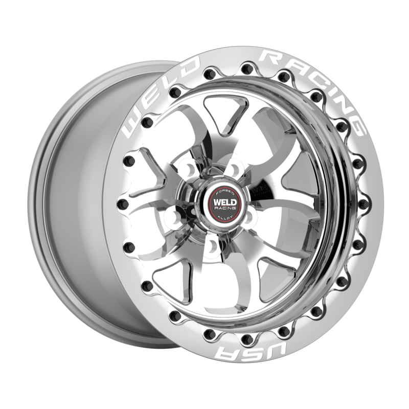 Weld S76 Beadlock 15x8 forged wheel with black shell, polished center, 5x120.65 bolt pattern, and 4.5-inch offset.