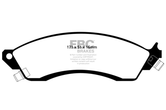 EBC Greenstuff front brake pads for Chevrolet Camaro 3rd Gen 2.8 performance package, high-performance automotive brake pads.