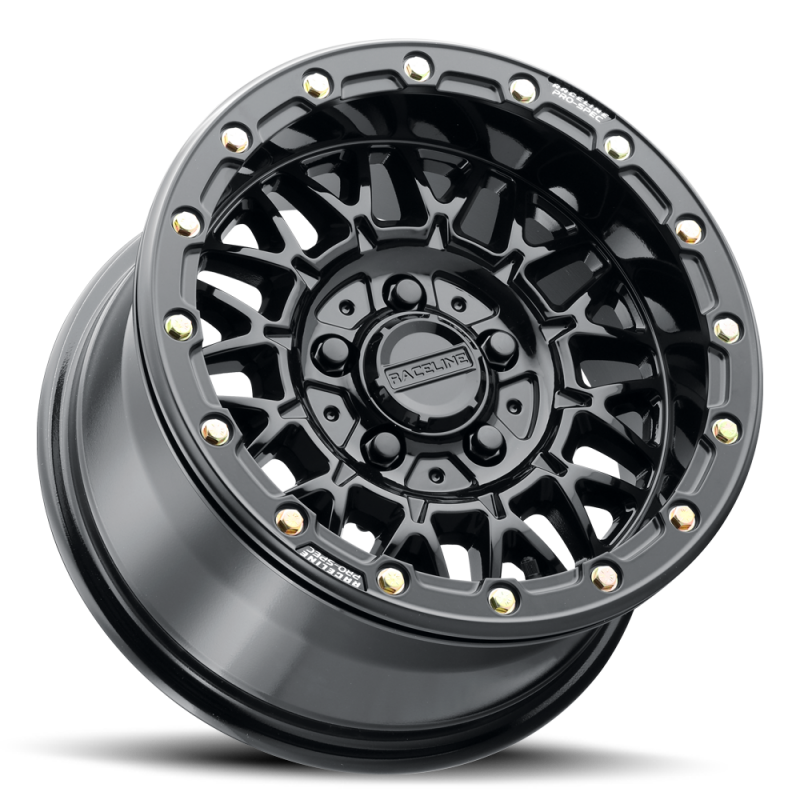 Raceline A15 Omega forged 15x8 inch gloss black wheel with 5x114.3 bolt pattern and 0mm offset, 68mm bore, close-up view