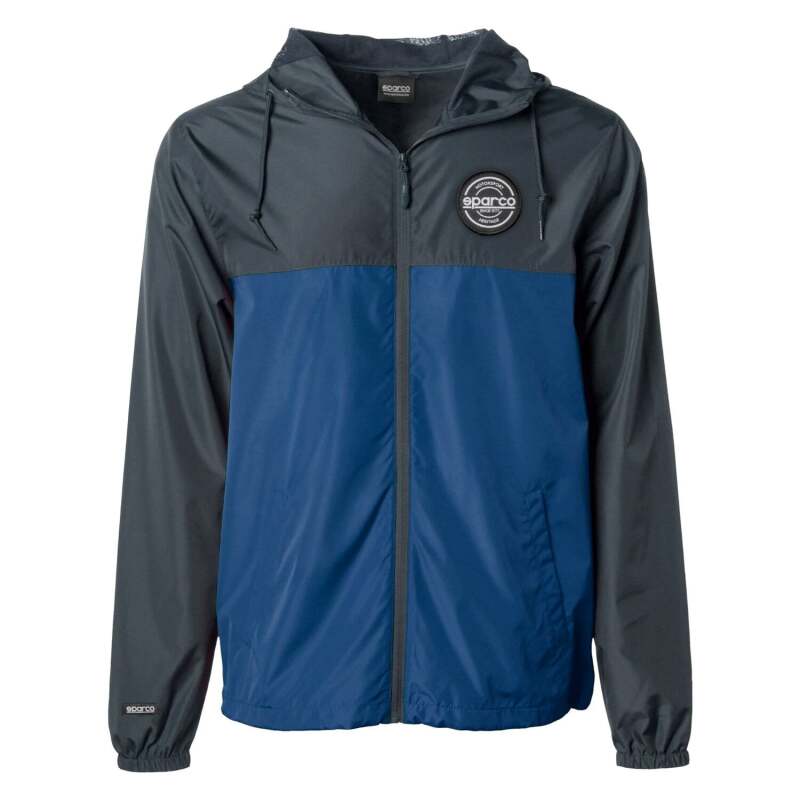 Blue Sparco windbreaker jacket with S-Patch logo, large size, made of textile material, displayed on a hanger.