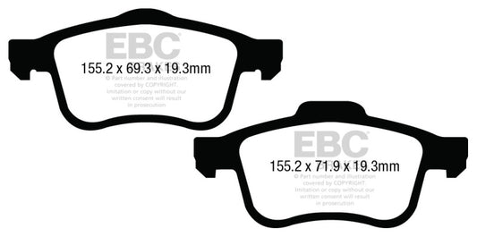EBC 13+ Greenstuff front brake pads for Fiat 500L 1.4 Turbo, high-performance brake pads, shown in the image.
