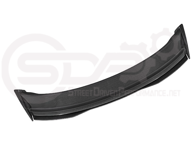 Ford Mustang Dark Horse style carbon fiber rear wickerbill spoiler wing, mounted on the trunk of a 2015-2023 vehicle.