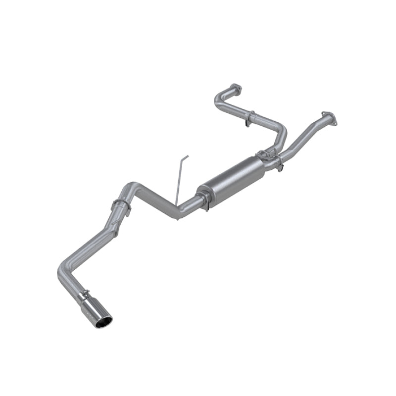 MBRP Nissan Frontier 4.0L V6 single side aluminum cat back exhaust system, showing polished pipe and muffler details