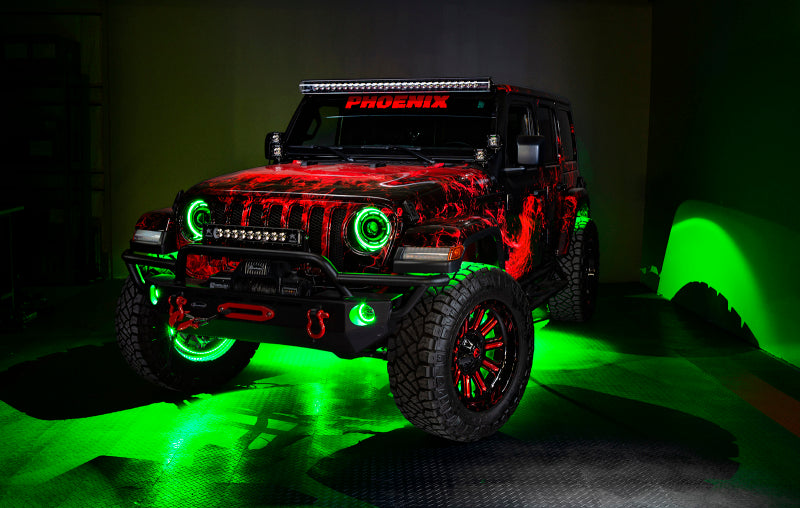Oracle Lighting LED illuminated wheel rings with ColorSHIFT technology, showcasing vibrant, color-changing light strips without remote control.