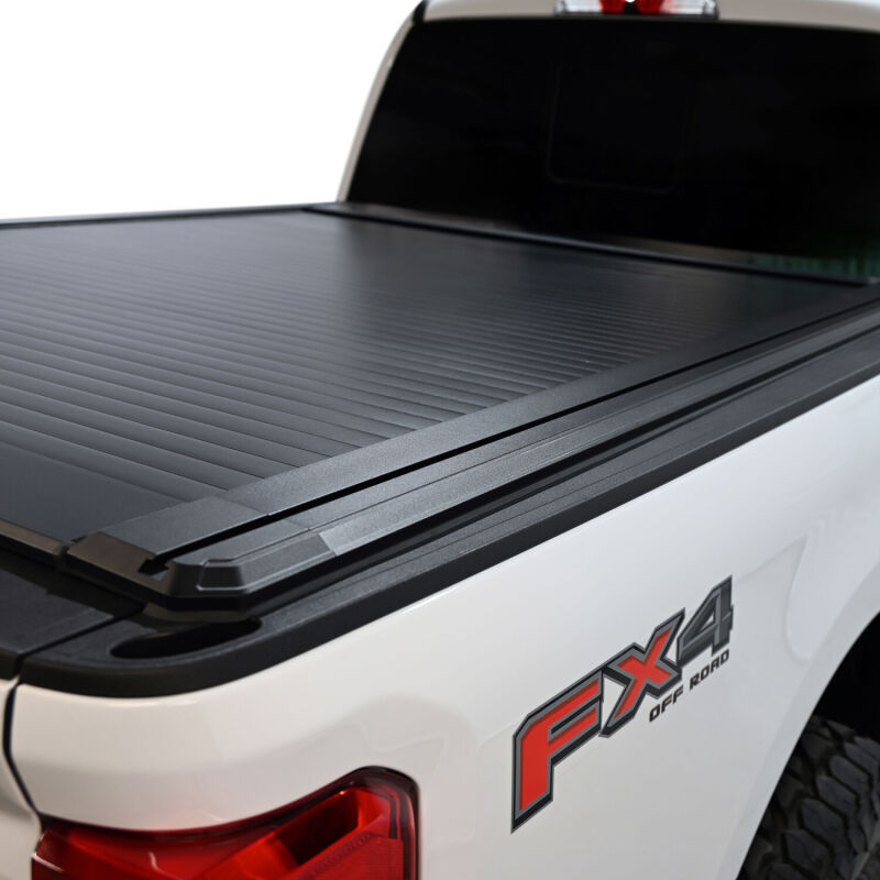 Westin black roll-up tonneau cover on Ford F-250/F-350/F-450/F-550 SD 6ft 10in bed, manual retractable truck bed cover.