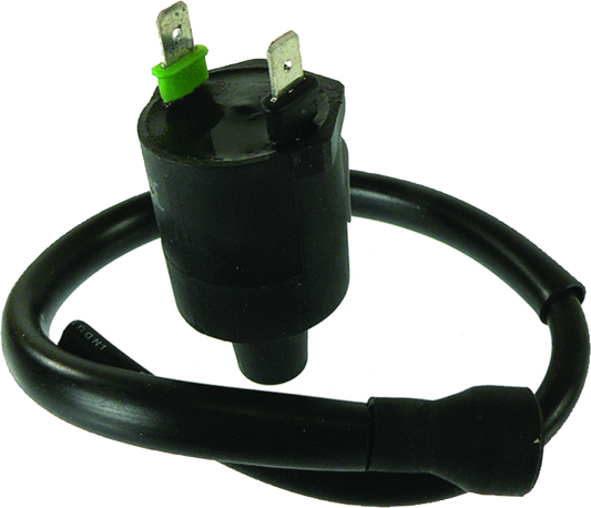 BikeMaster Honda ignition coil for stock replacement, showing the black coil with mounting hardware and electrical connectors.