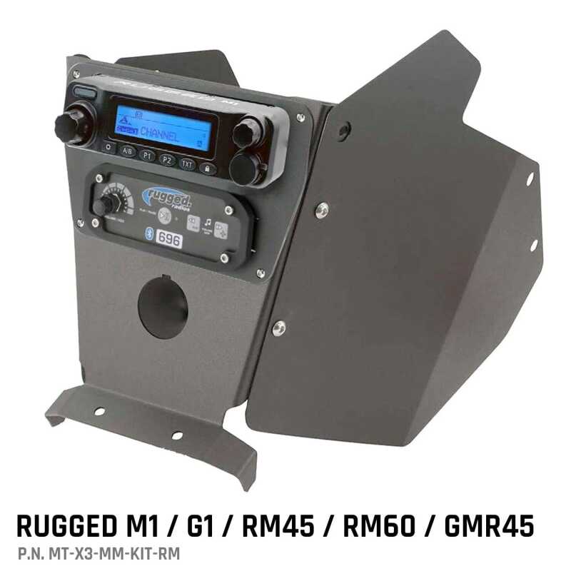 Rugged Radios Can-Am X3 mounting kit with multi mount and side panels for GMR45, RM60, G1, M1, and RM45 models, shown installed.