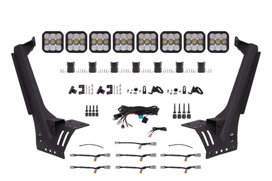 Diode Dynamics Jeep JL SS5 Pro CrossLink White Combo Lightbar kit installed on windshield showing bright LED light bars